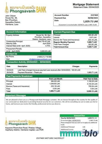 Laos Bank Phongsavanh wyciąg z kredytu hipotecznego szablon Word i PDF